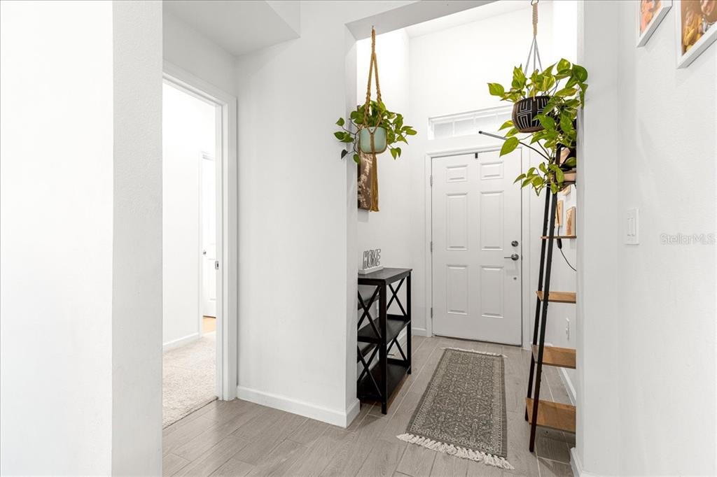 A bright entryway features white walls, light wood-look tile flooring, a front door, and plants — 3889 NE 33RD TERRACE, OCALA, FL