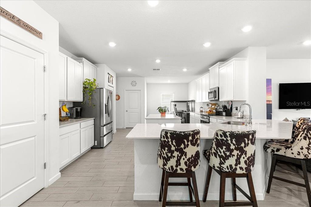 A modern kitchen features white cabinets, quartz countertops, a central island, and cow-print bar stools — 3889 NE 33RD TERRACE, OCALA, FL
