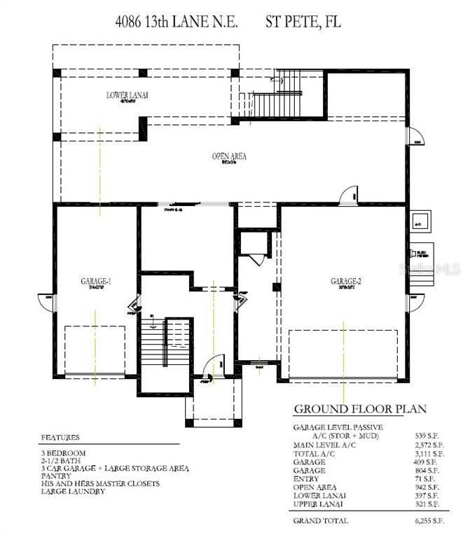 This is a ground floor plan for a house featuring two garages and a lanai — 4086 13TH LANE NE, ST PETERSBURG, FL