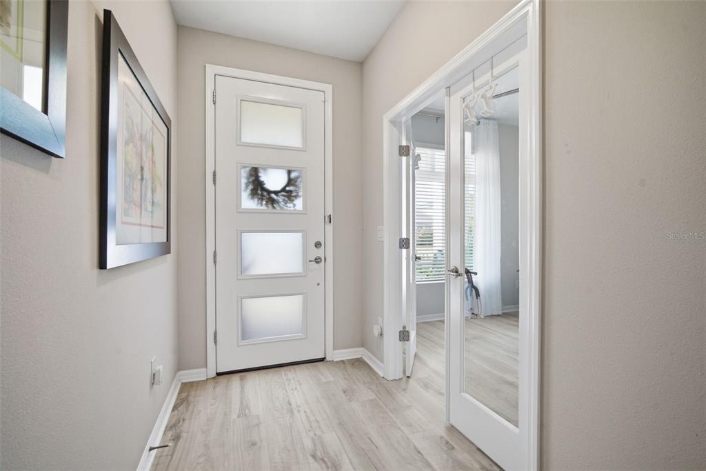 An entryway features light wood-look flooring, a white front door with frosted glass, and French doors — 31477 WESTBURY ESTATES AVENUE, WESLEY CHAPEL, FL