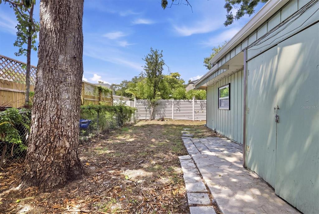 A side yard features a large tree, a paved walkway, and a light green exterior wall — 1824 WEBBER STREET, SARASOTA, FL