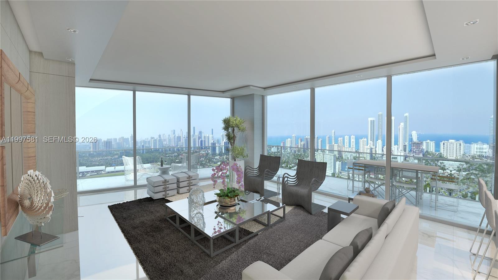 This rendering shows a modern living room with floor-to-ceiling windows overlooking a city skyline — 1170 E Hallandale Beach Blvd # 1508, Hallandale Beach FL 33009, HALLANDALE BEACH, FL