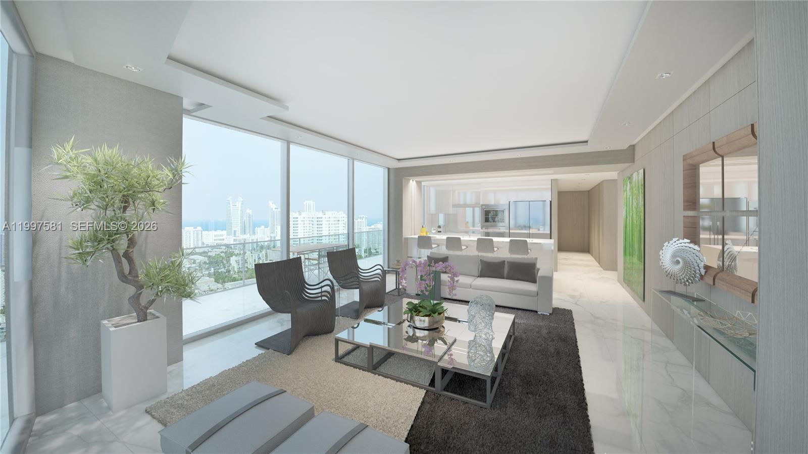 This is a rendering of a modern living room with floor-to-ceiling windows and city views — 1170 E Hallandale Beach Blvd # 1508, Hallandale Beach FL 33009, HALLANDALE BEACH, FL