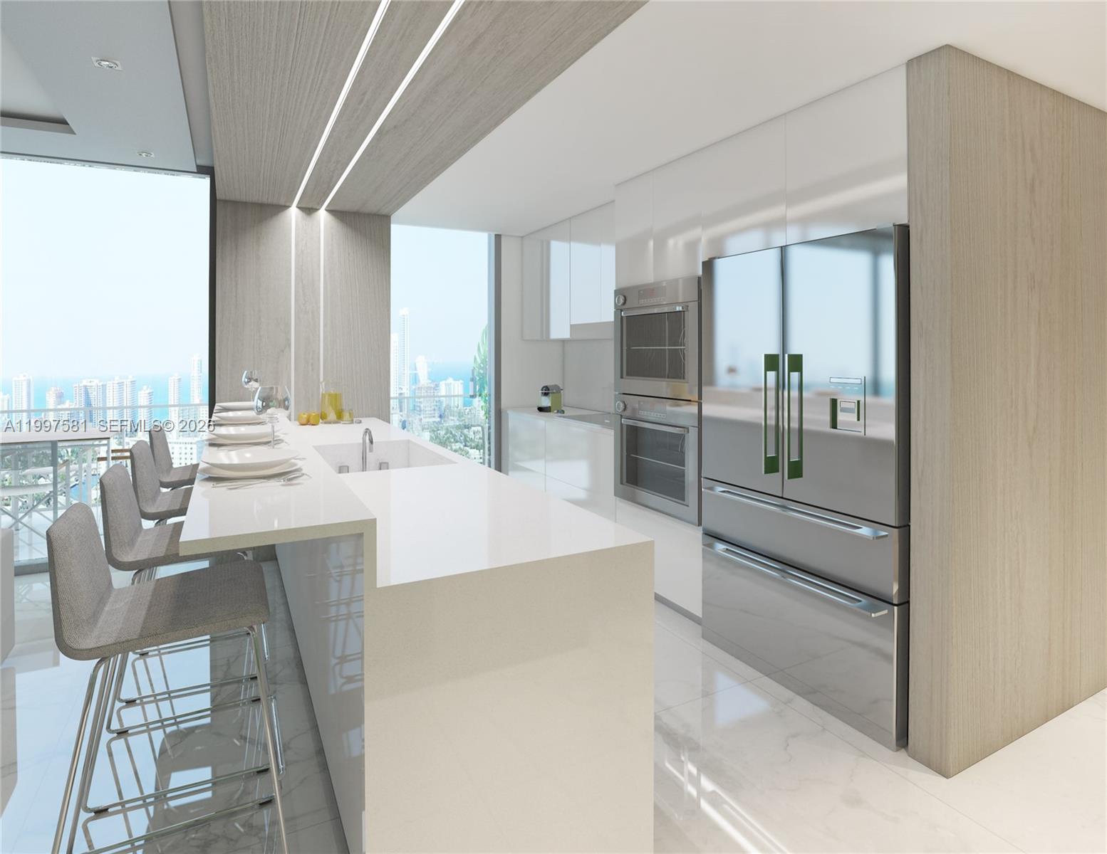 This rendering shows a modern kitchen with a white island, stainless appliances, and city views — 1170 E Hallandale Beach Blvd # 1508, Hallandale Beach FL 33009, HALLANDALE BEACH, FL
