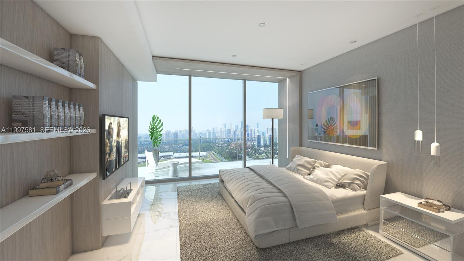 This is a rendering of a modern bedroom with a balcony overlooking a city skyline — 1170 E Hallandale Beach Blvd # 1508, Hallandale Beach FL 33009, HALLANDALE BEACH, FL