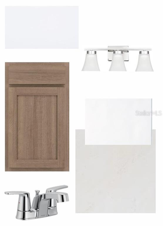 This design board displays kitchen finishes including wood cabinets, white countertops, tile, and a sink — 437 SPRING HARVEST DRIVE, PLANT CITY, FL