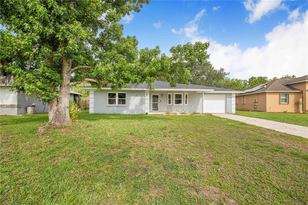 A single-story house with a light gray exterior, a white garage door, and a large tree — 632 REINDEER DRIVE, POINCIANA, FL