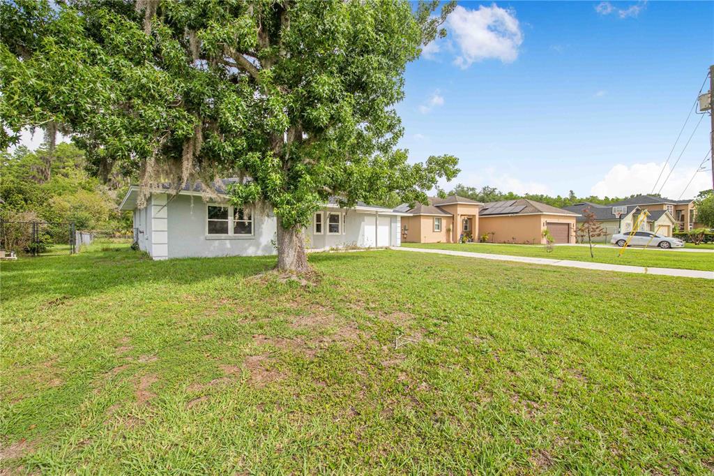 A light-colored single-story house with a large tree in the front yard — 632 REINDEER DRIVE, POINCIANA, FL