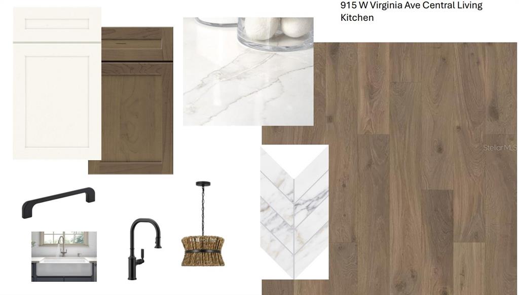 This design board shows finishes for an owner's bathroom, including cabinetry, countertops, and fixtures — 915 W VIRGINIA AVENUE, TAMPA, FL
