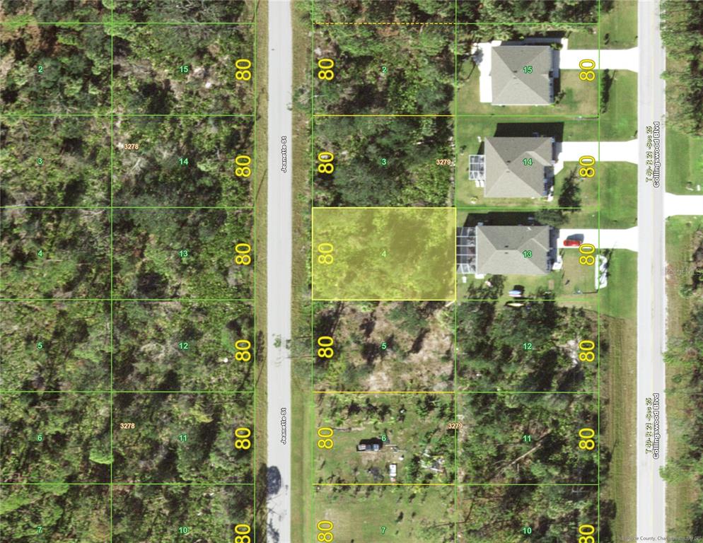 This is an aerial map showing a highlighted vacant lot surrounded by residential properties — 4188 JEANETTE STREET, PORT CHARLOTTE, FL