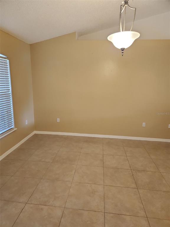 An empty room features tan walls, tile flooring, a vaulted ceiling, and a hanging light fixture — 1411 S MARY STREET, EUSTIS, FL