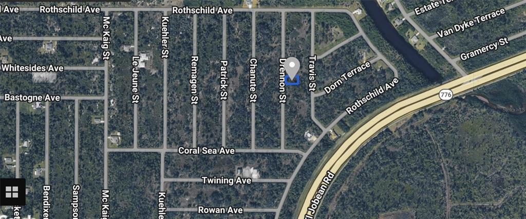 This is a satellite map view of a residential lot located on Drennon Street — 2336 DRENNON STREET, PORT CHARLOTTE, FL