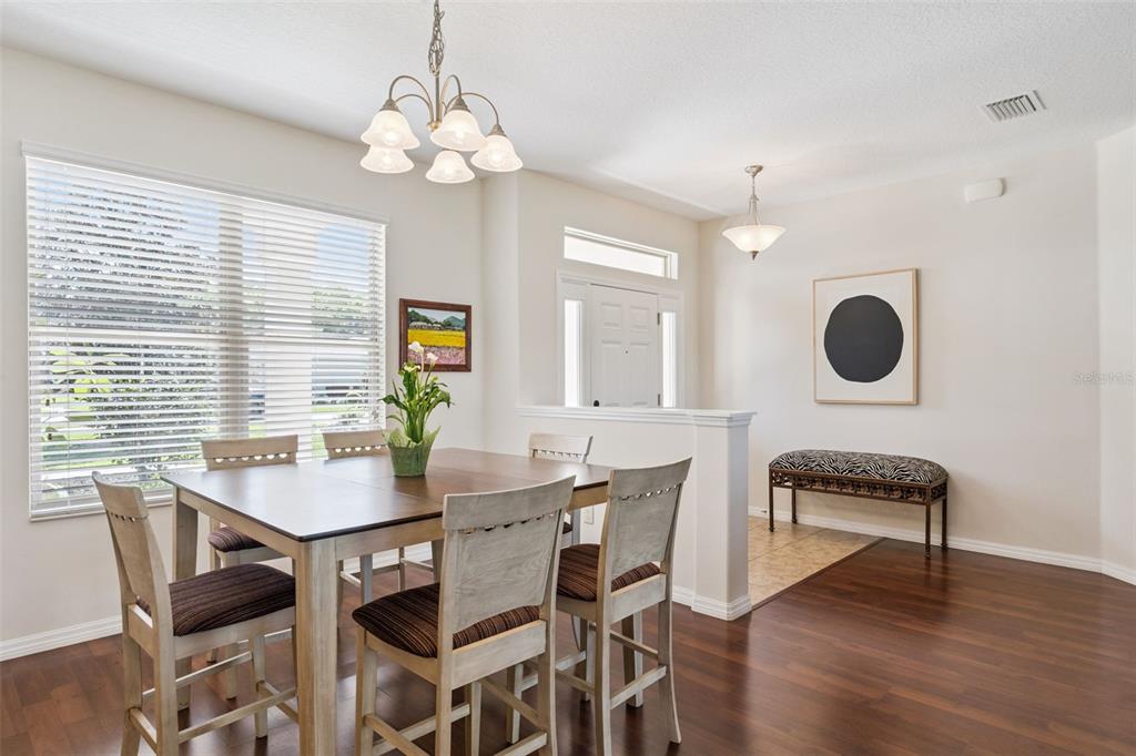 A dining area features a wooden table, chairs, and a chandelier near an entryway — 26645 MANASSAS DRIVE, LEESBURG, FL