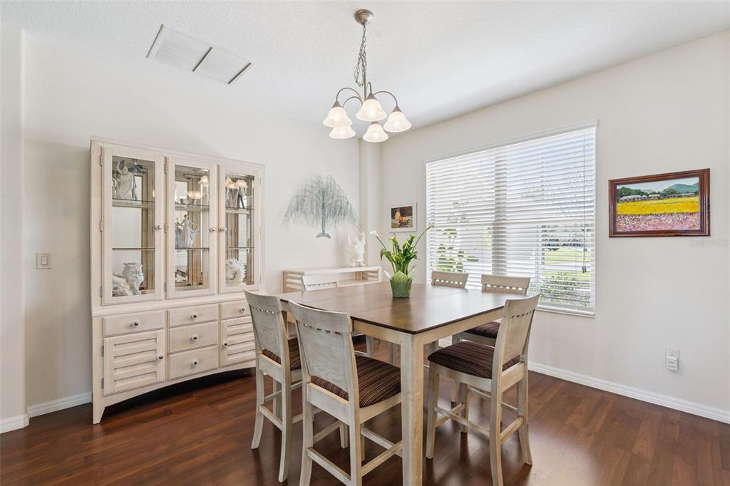 A dining room features a wooden table with four chairs, a hutch, and a chandelier — 26645 MANASSAS DRIVE, LEESBURG, FL