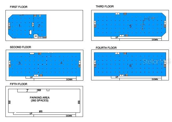 This image is a floor plan showing the layout of five levels of a parking garage — Ramon B. Lopez GAZTAMBIDE ST., SAN JUAN, PR
