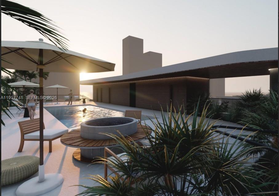 This architectural rendering shows a rooftop pool deck with a fire pit and lounge seating — 6945 Abbott Ave, Miami Beach FL 33141, MIAMI BEACH, FL