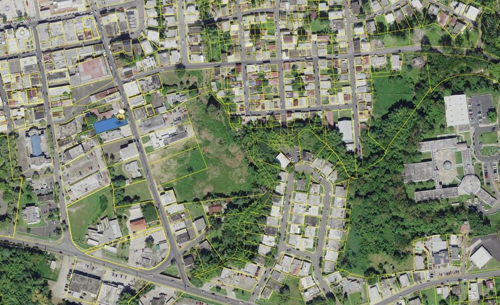This is an aerial map view showing a highlighted property lot within a residential neighborhood — HOSTOS CABRERA ST., SAN SEBASTIAN, PR