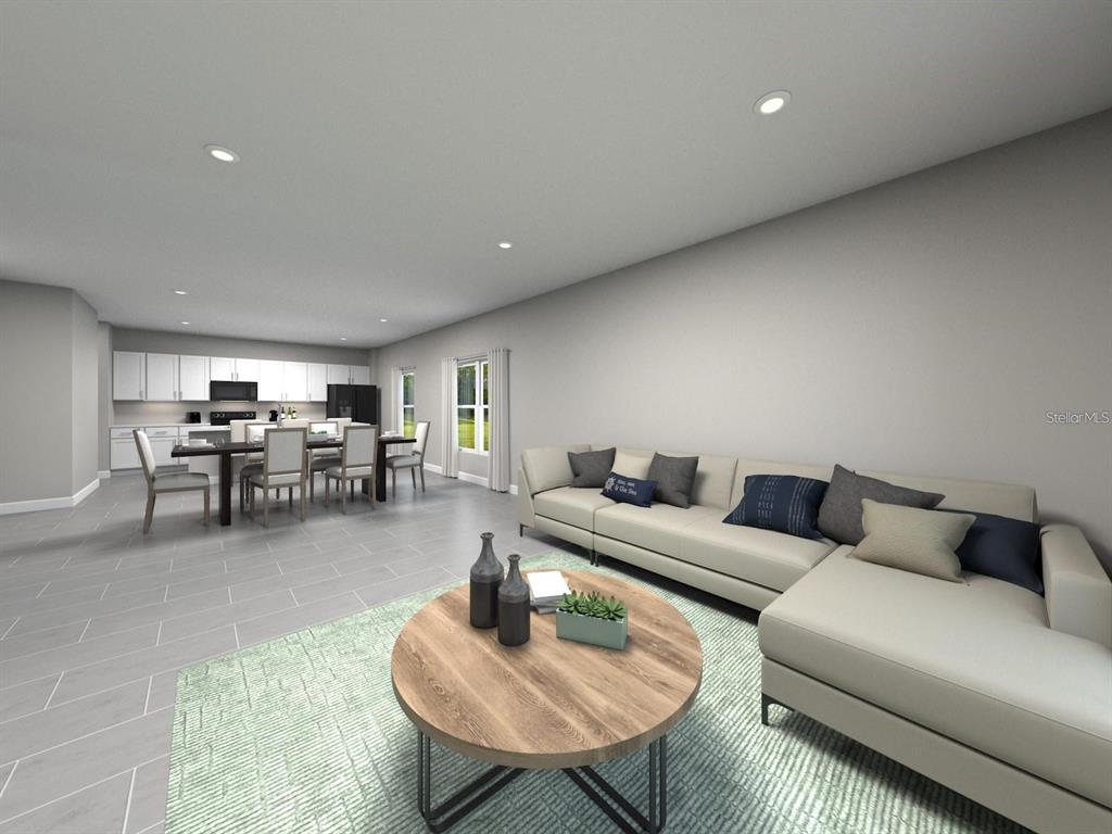 This is a digital rendering of an open-concept living and dining area with tile floors — 4724 HOMESTEAD TRAIL, ST CLOUD, FL