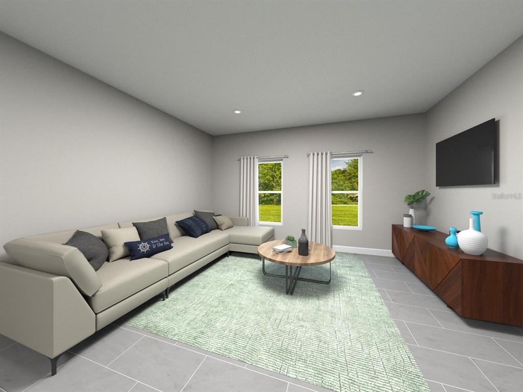 This is a digital rendering of a living room featuring a sectional sofa and television — 4724 HOMESTEAD TRAIL, ST CLOUD, FL