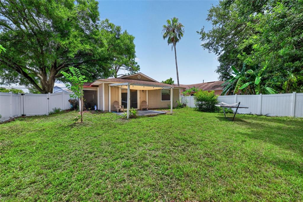 A backyard features a house with a covered patio, a hammock, and a white fence — 9 FRESHWATER DRIVE, PALM HARBOR, FL