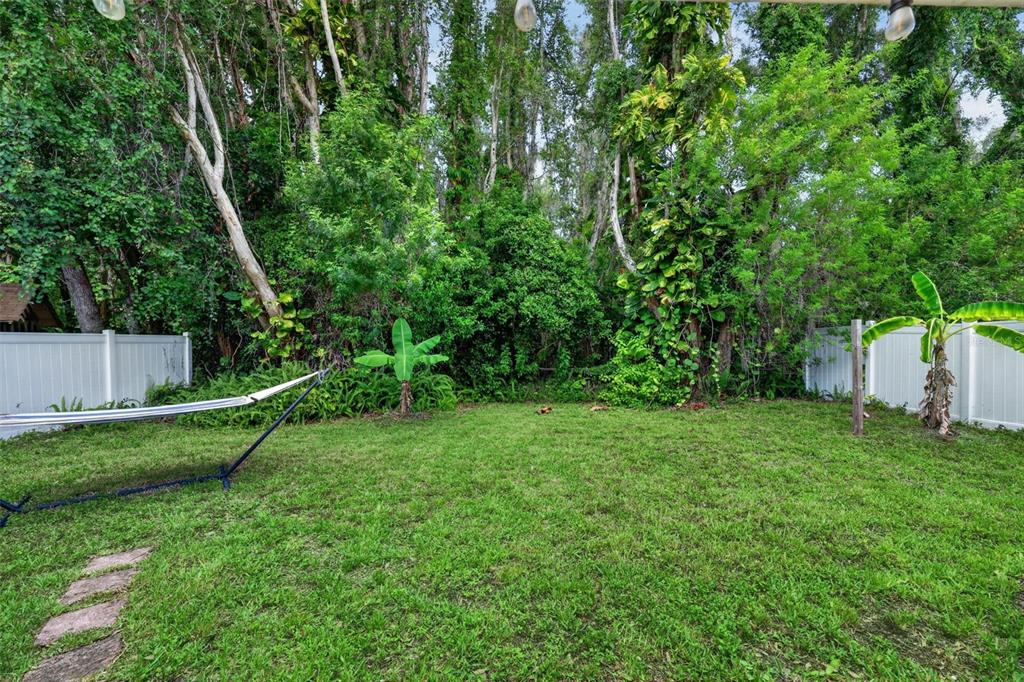A grassy backyard features a hammock, white vinyl fencing, and dense trees in the background — 9 FRESHWATER DRIVE, PALM HARBOR, FL