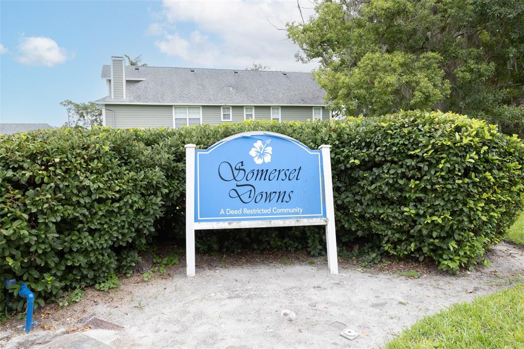 A blue sign for Somerset Downs stands in front of a hedge and house — 2740 HAMBLE VILLAGE LANE, PALM HARBOR, FL