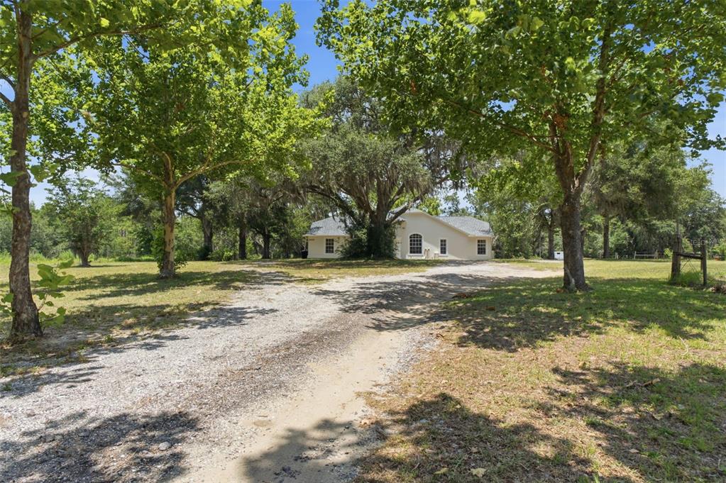 A light-colored house sits at the end of a gravel driveway surrounded by large trees — 2419 E STAGE COACH TRAIL, INVERNESS, FL