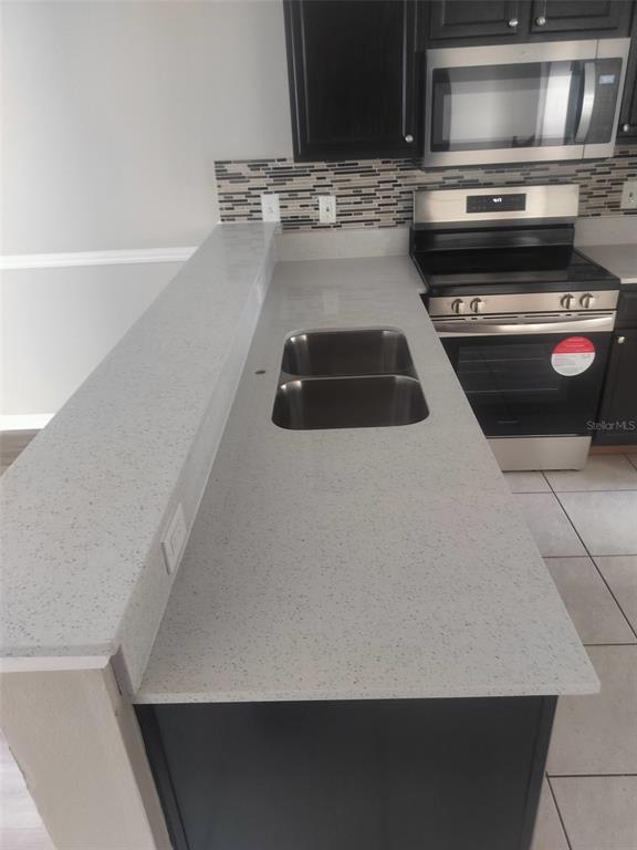 A kitchen features dark cabinets, stainless steel appliances, and a light-colored speckled quartz countertop — 6730 BRITTANY CHASE COURT, ORLANDO, FL