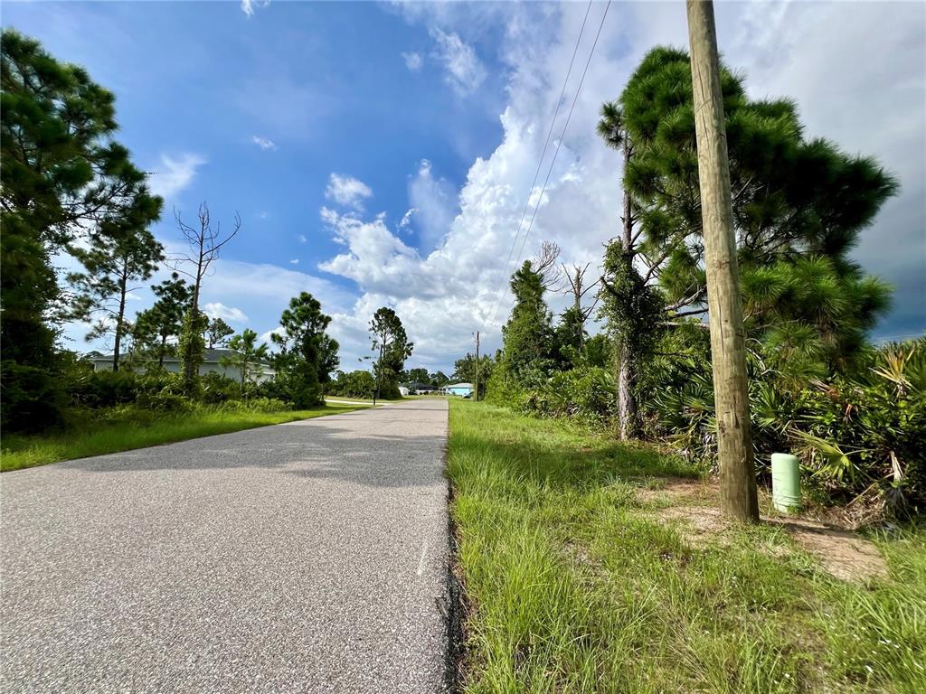 A paved road stretches into the distance, flanked by trees, utility poles, and grassy vegetation — 5602 EYERLY TERRACE, PORT CHARLOTTE, FL