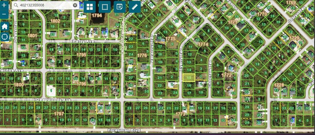 This is a satellite map view showing residential land parcels and street layouts — 5602 EYERLY TERRACE, PORT CHARLOTTE, FL