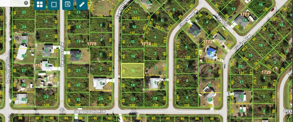 This is a satellite map view showing residential land parcels and street layouts — 5602 EYERLY TERRACE, PORT CHARLOTTE, FL