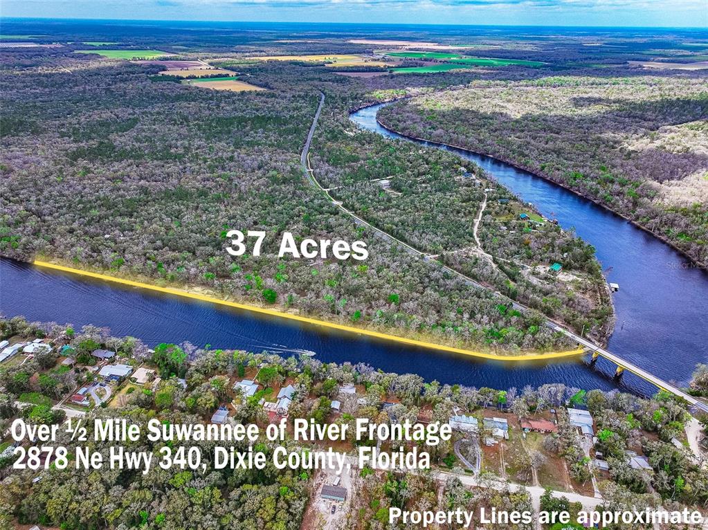An aerial view shows a 37-acre wooded property with river frontage and a bridge — 2878 NE 340 HIGHWAY, BRANFORD, FL