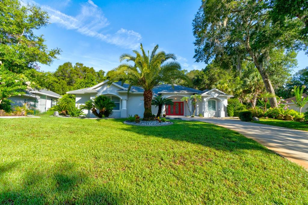 A single-story house with a red front door and a palm tree in the yard — 1321 WICKLOW LANE, ORMOND BEACH, FL