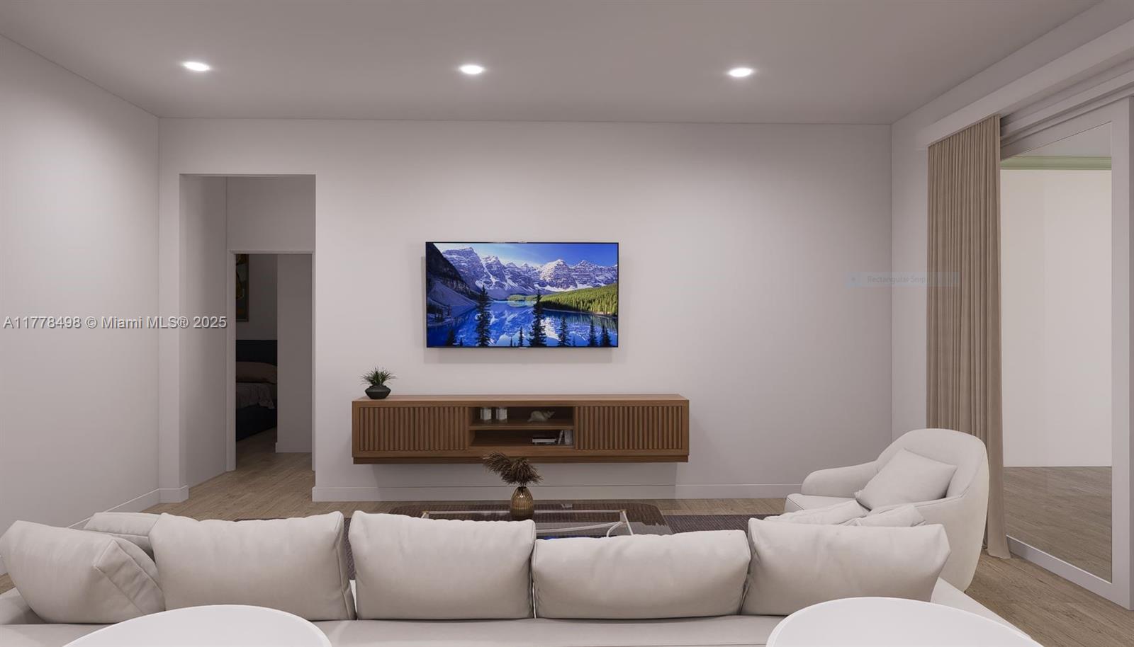 This rendering shows a modern living room with a wall-mounted television and wooden console — 509 Glendale Ave, La Belle FL 33935, LA BELLE, FL