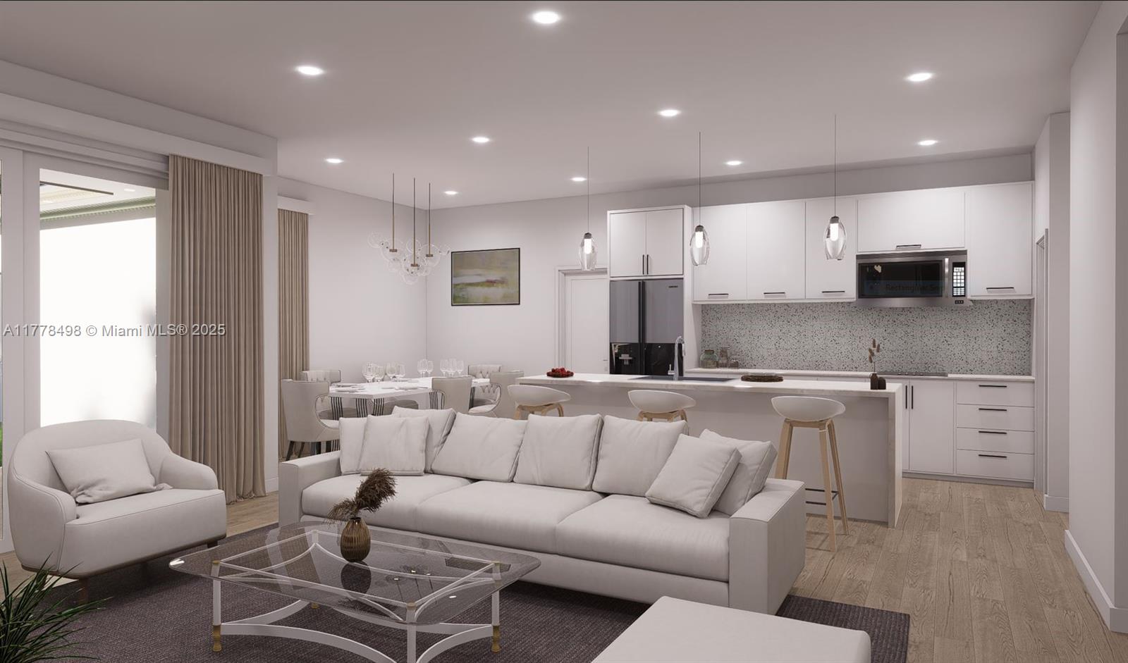 This rendering shows an open-concept living room and kitchen with white cabinetry and modern furniture — 509 Glendale Ave, La Belle FL 33935, LA BELLE, FL