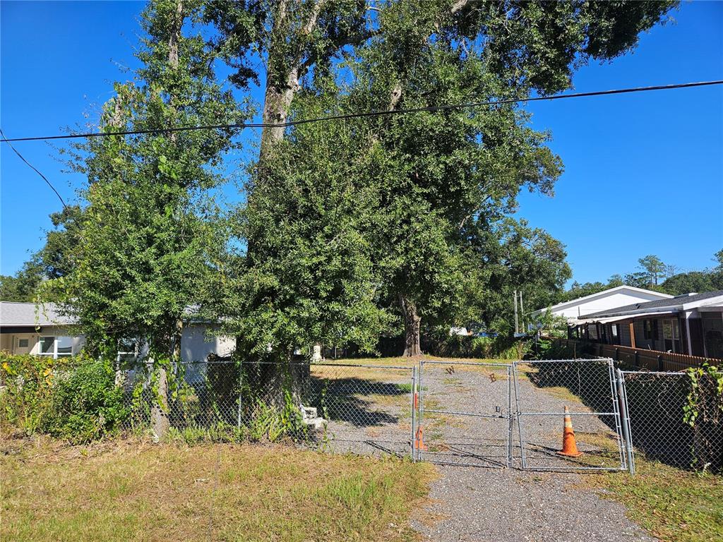 A gravel driveway leads to a fenced, tree-filled vacant lot between two residential buildings — 12321 CAMBRIDGE AVENUE, TAMPA, FL