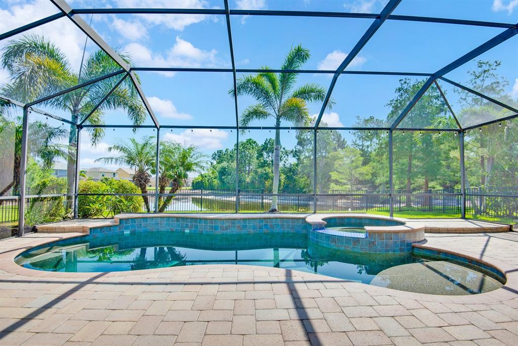 A screened-in swimming pool and spa with a paver deck overlooking a pond and trees — 3938 90TH AVENUE E, PARRISH, FL