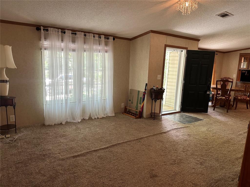 A carpeted living room features a large window with white curtains and an open door — 292 S DEW PLANT POINT, CRYSTAL RIVER, FL
