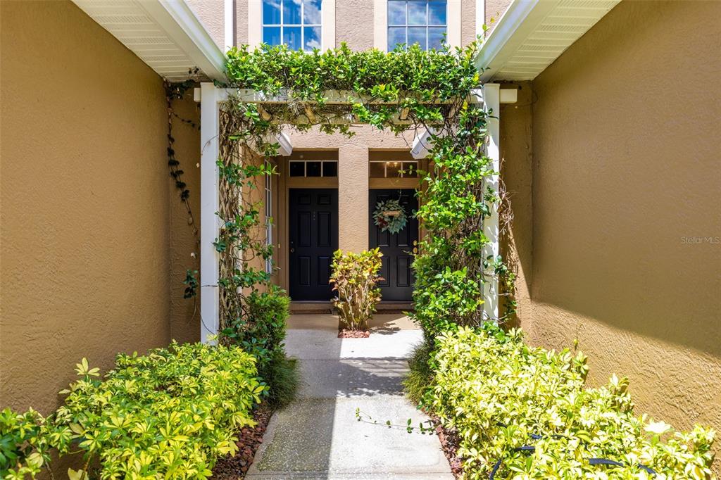 A walkway leads to two dark front doors framed by a vine-covered white pergola — 18958 DUQUESNE DRIVE, TAMPA, FL