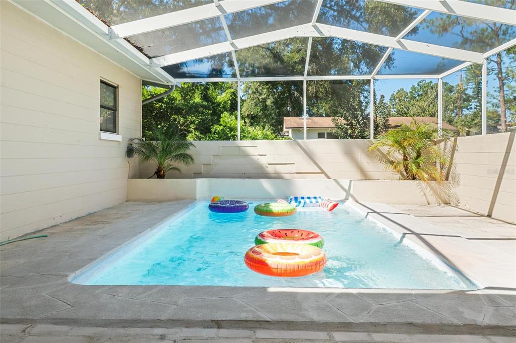 A rectangular swimming pool sits inside a screened-in patio with concrete decking and planters — 919 AVENUE S SE, WINTER HAVEN, FL