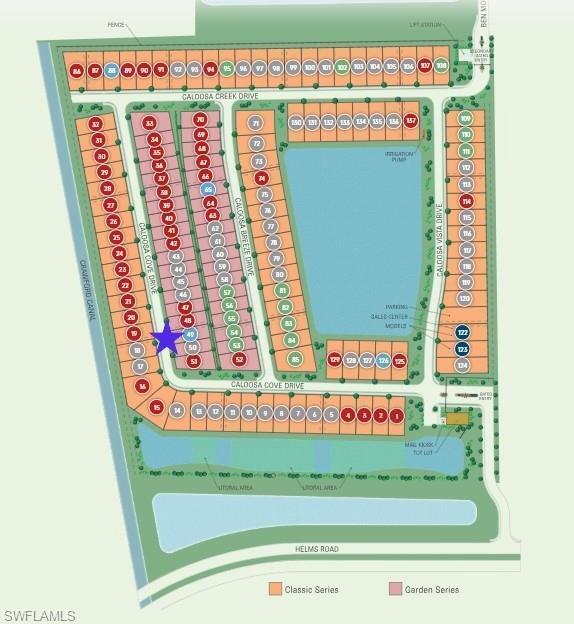 This is a site map showing the layout of a residential community with numbered lots — 1220 Caloosa Creek Drive, FL 33935, FL