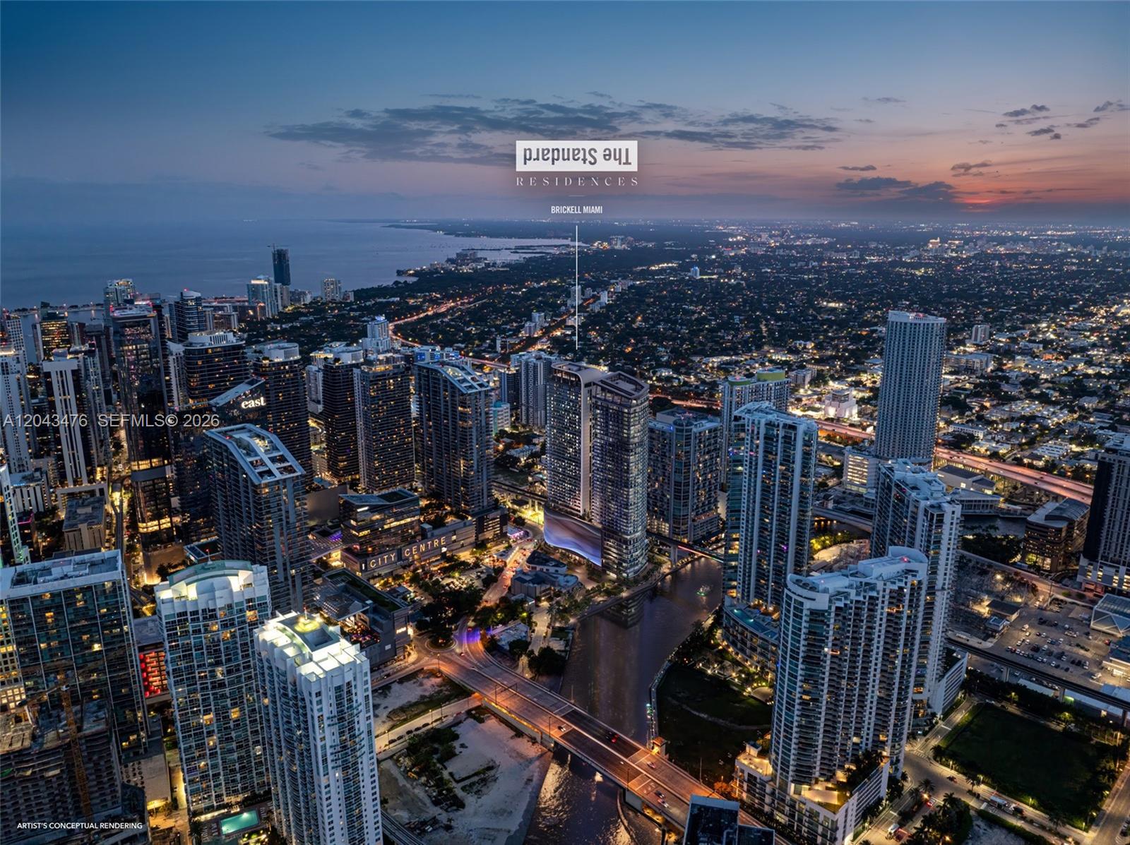 This is an aerial rendering of a high-rise building in a dense urban city — 690 SW 1 Avenue # 2701, Miami FL 33130, MIAMI, FL