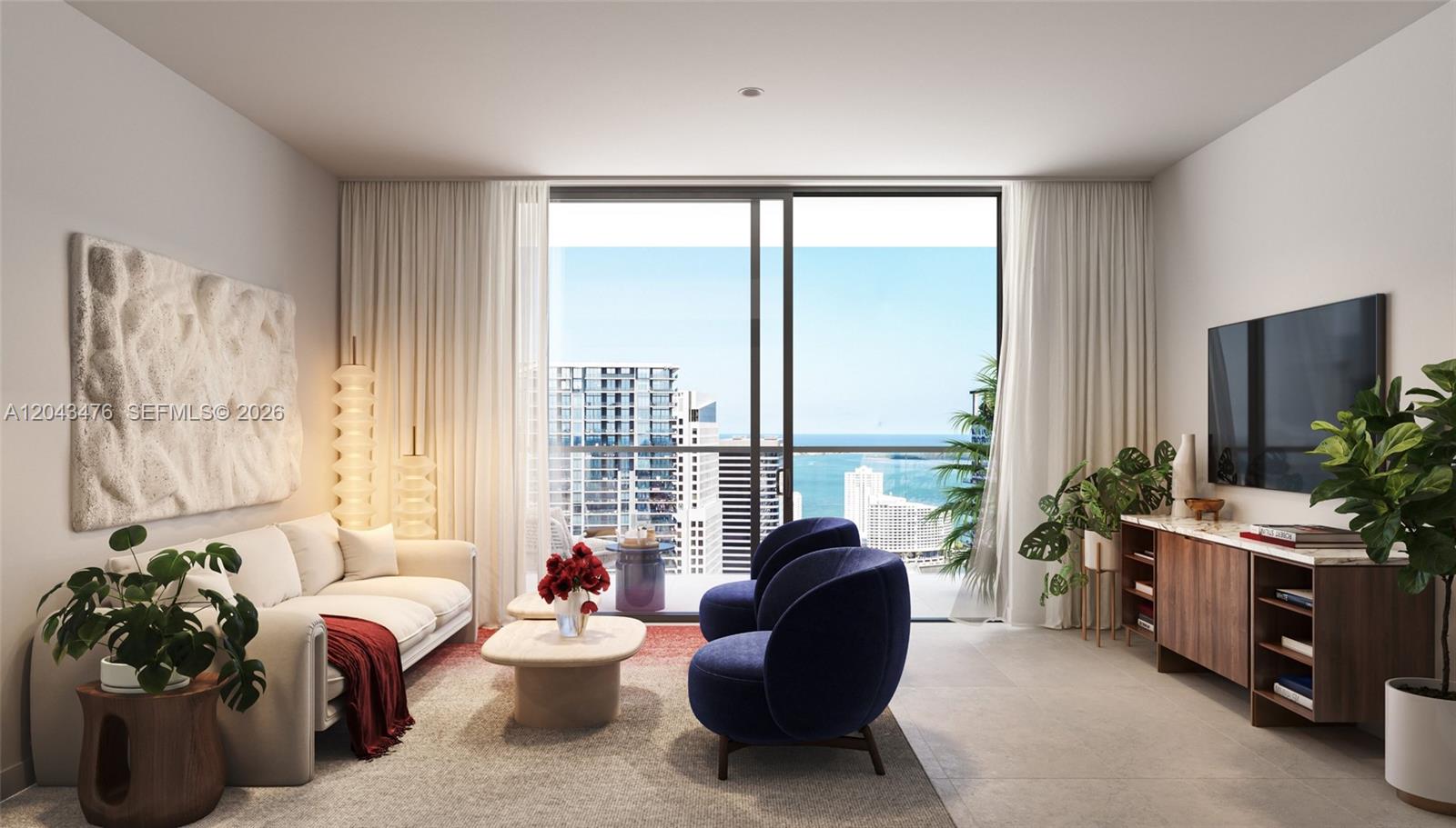 This rendering shows a modern living room with a balcony overlooking the ocean and city — 690 SW 1 Avenue # 2701, Miami FL 33130, MIAMI, FL