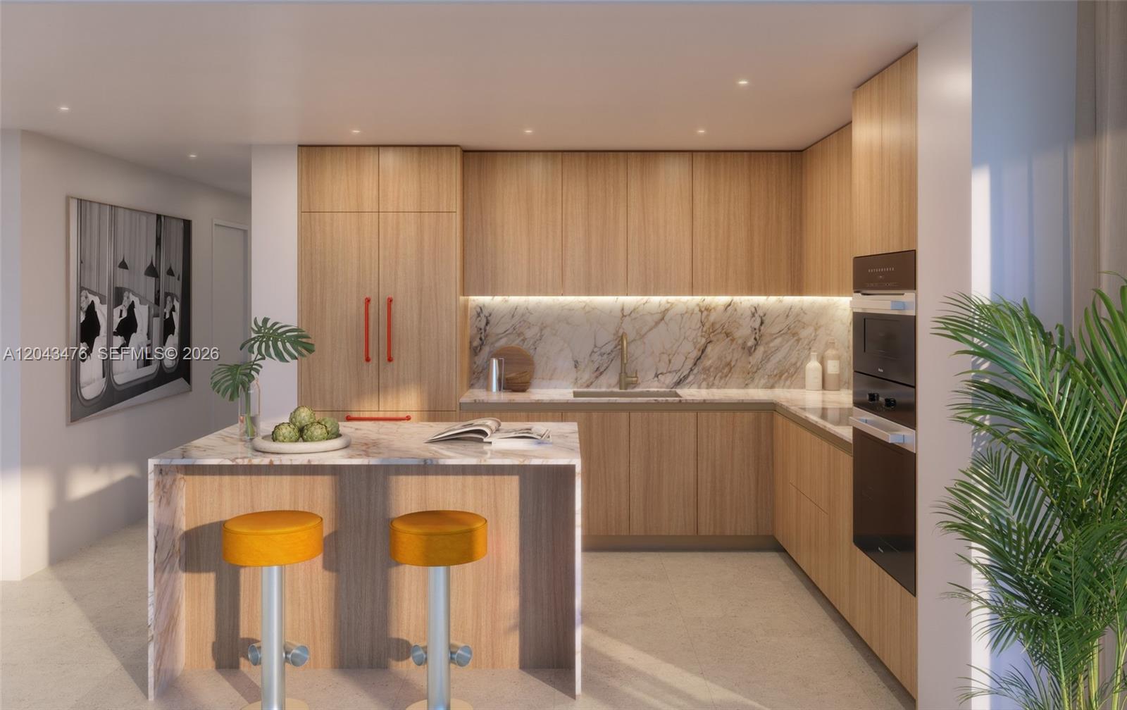 This is a rendering of a modern kitchen featuring wood cabinetry and marble countertops — 690 SW 1 Avenue # 2701, Miami FL 33130, MIAMI, FL