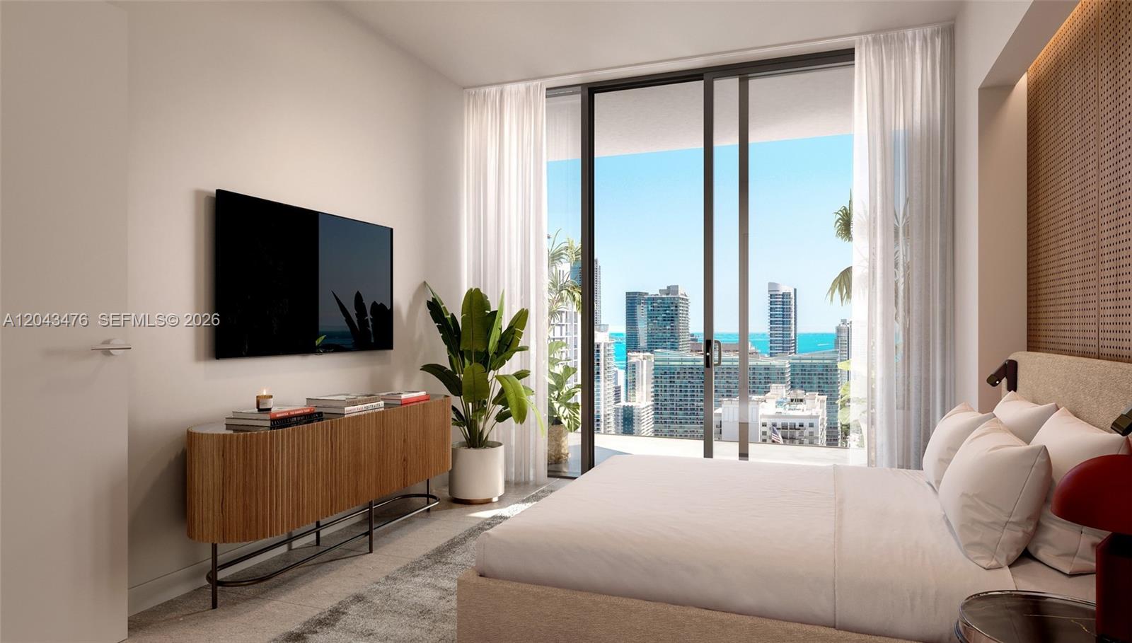 This rendering shows a modern bedroom with a television, media console, and floor-to-ceiling balcony windows — 690 SW 1 Avenue # 2701, Miami FL 33130, MIAMI, FL