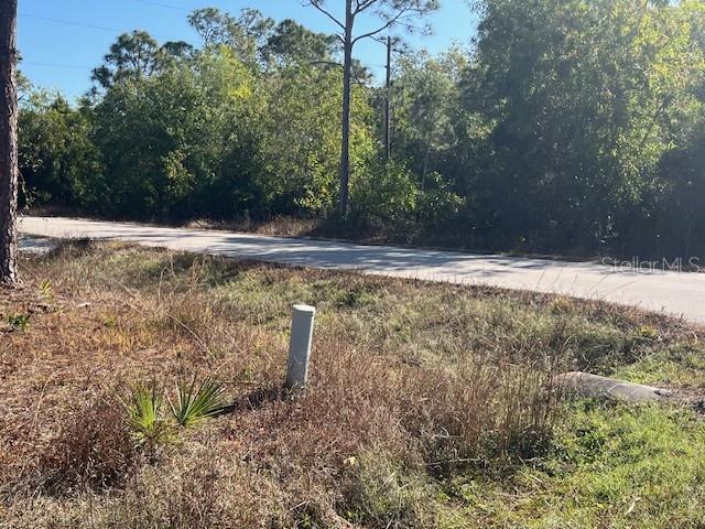 A vacant, grassy lot features a utility pipe near a paved road and dense trees — 11508 6TH AVENUE, PUNTA GORDA, FL