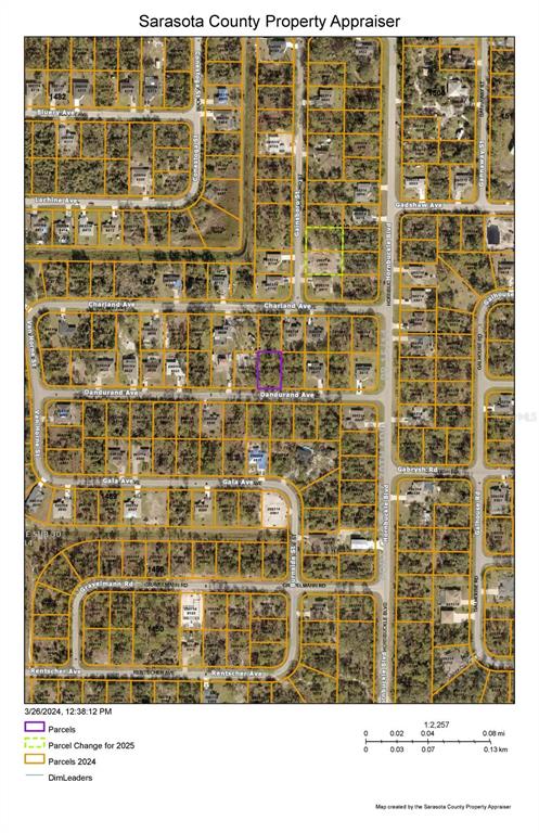 This is a property tax map showing parcel boundaries and street layouts in Sarasota County — DANDURAND AVENUE, NORTH PORT, FL