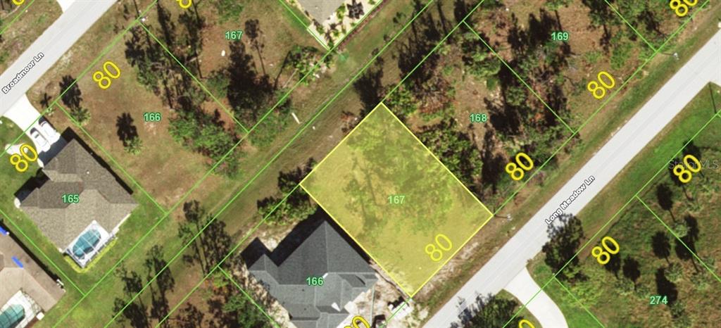 This is an aerial map showing a highlighted vacant residential lot among neighboring houses — 109 LONG MEADOW LANE, ROTONDA WEST, FL