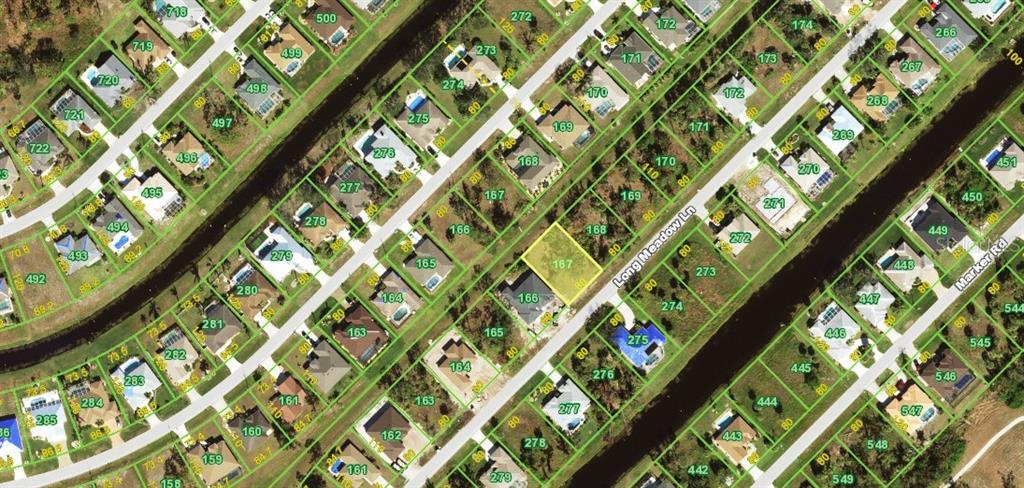 This is an aerial map showing residential lots and a vacant property highlighted in yellow — 109 LONG MEADOW LANE, ROTONDA WEST, FL