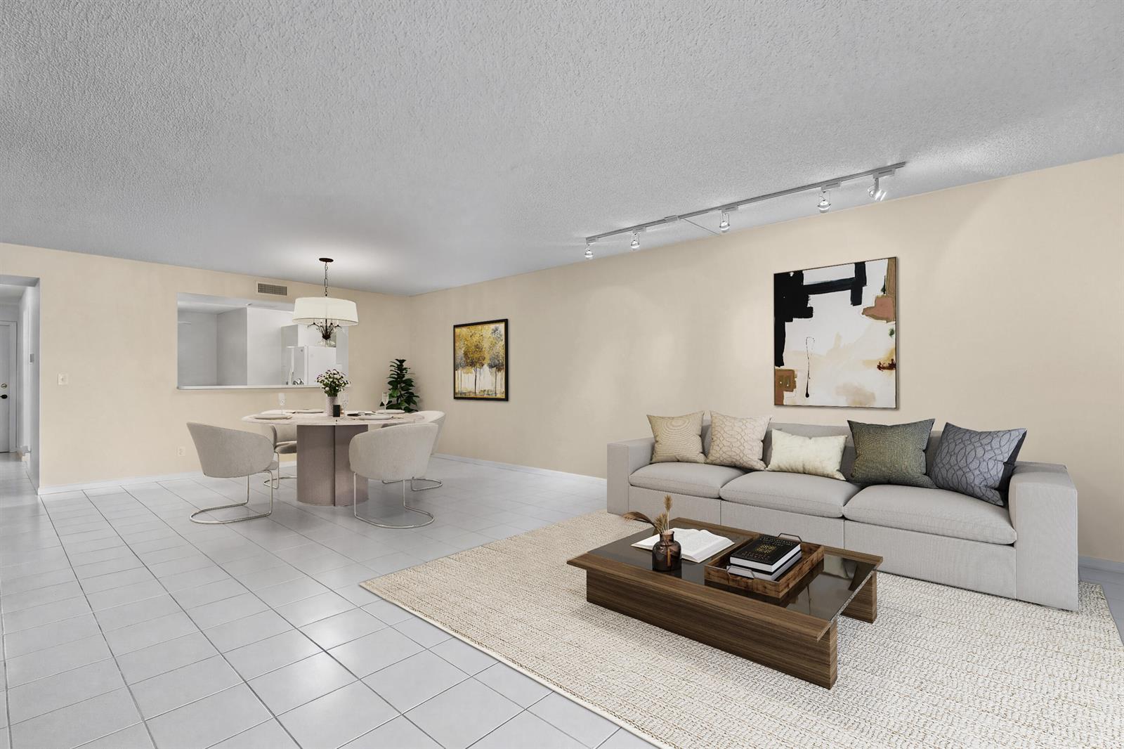 This digital rendering shows a living and dining area with tile floors and neutral walls — 9700 Pavarotti Terrace # 102, Boynton Beach FL 33437, BOYNTON BEACH, FL
